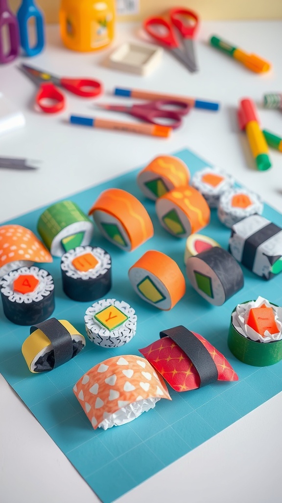 Colorful handmade sushi paper crafts displayed on a mat.